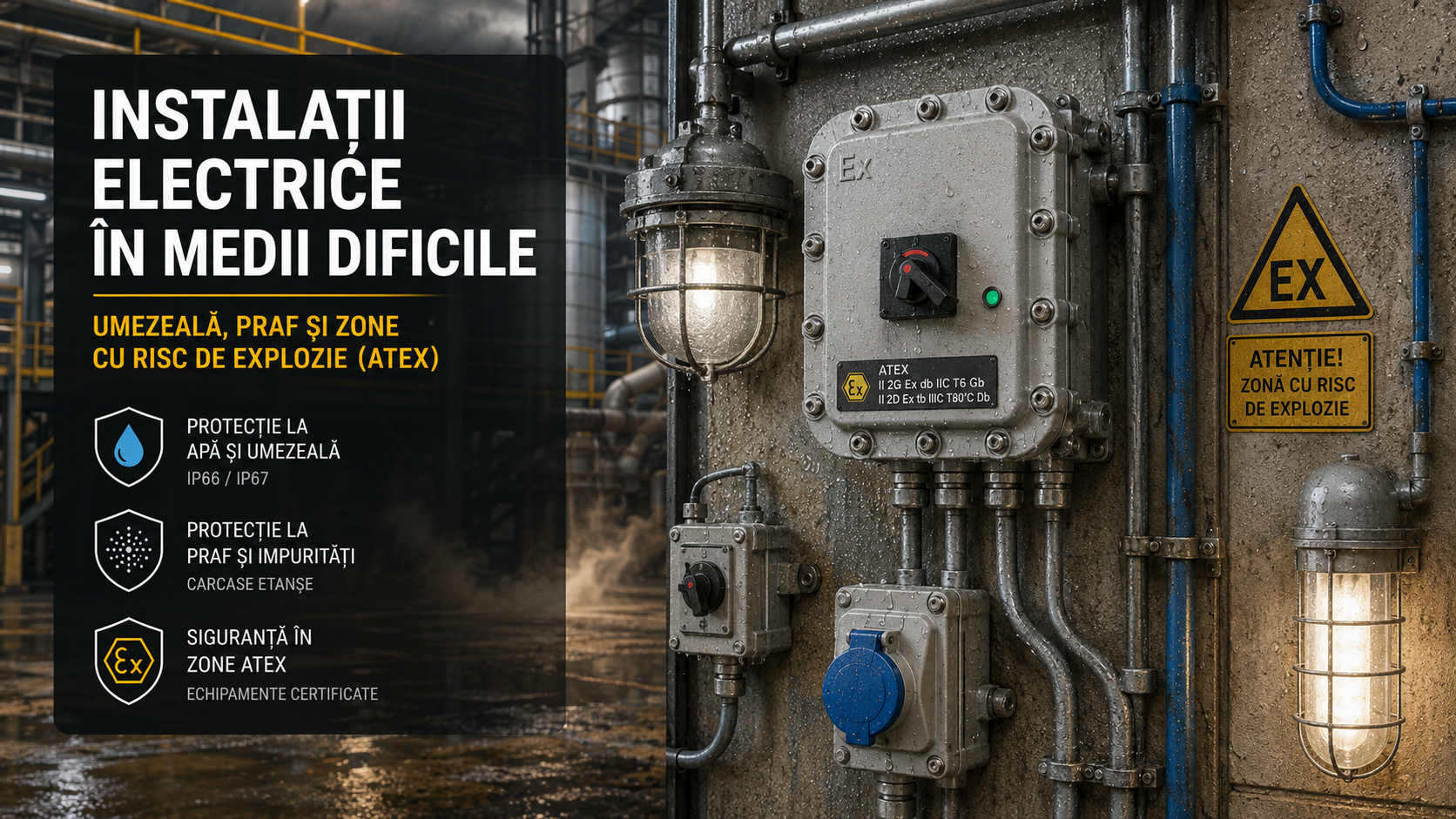 Instalații electrice în medii dificile: umezeală, praf și zone cu risc de explozie (ATEX)