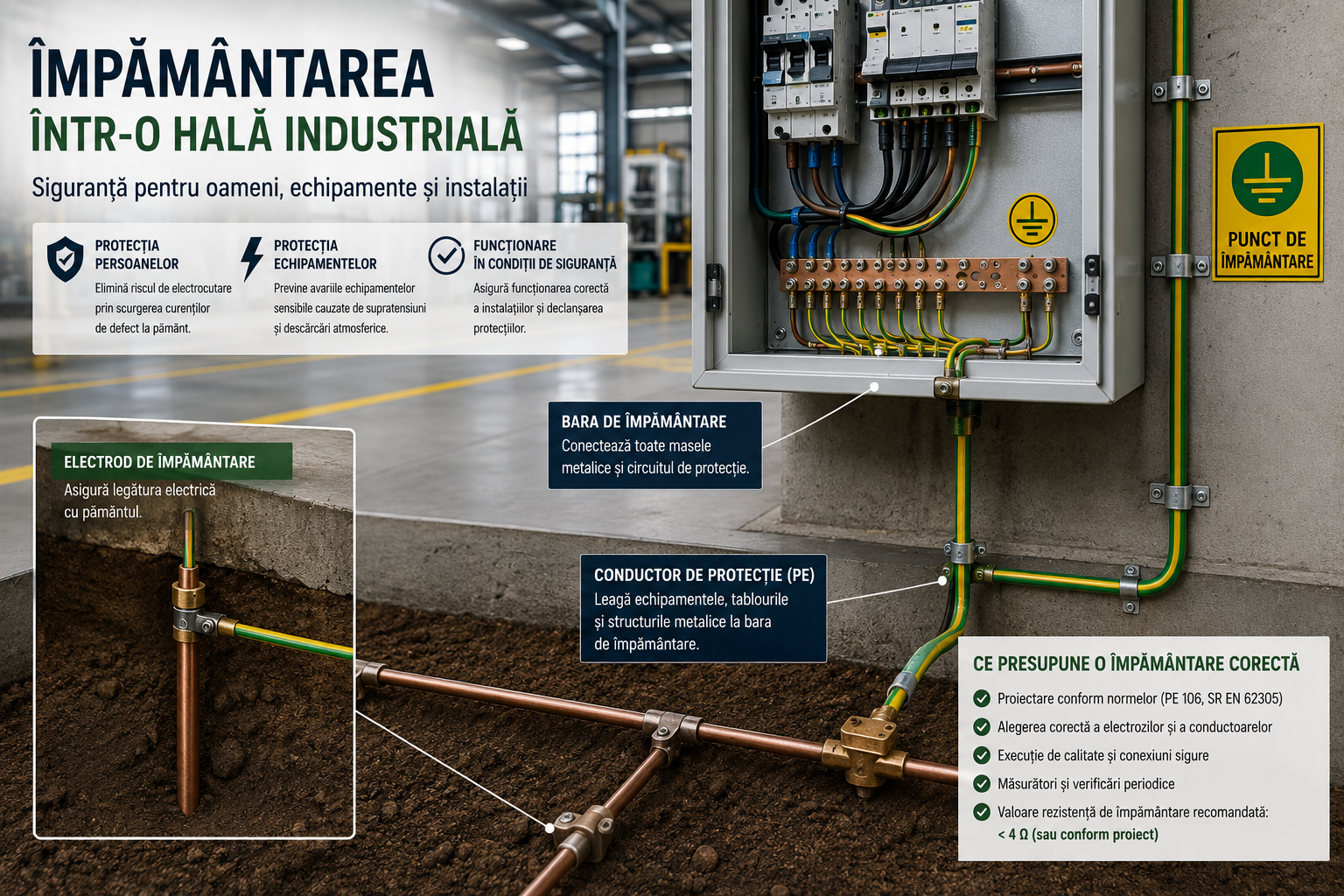 Împământarea într-o hală industrială. De ce e mai pretențioasă decât la o casă